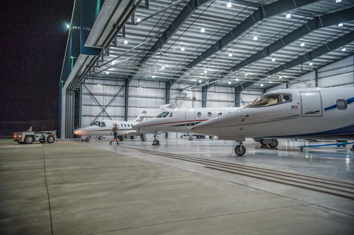 Nigth time photo of LJ & Aviation hanger